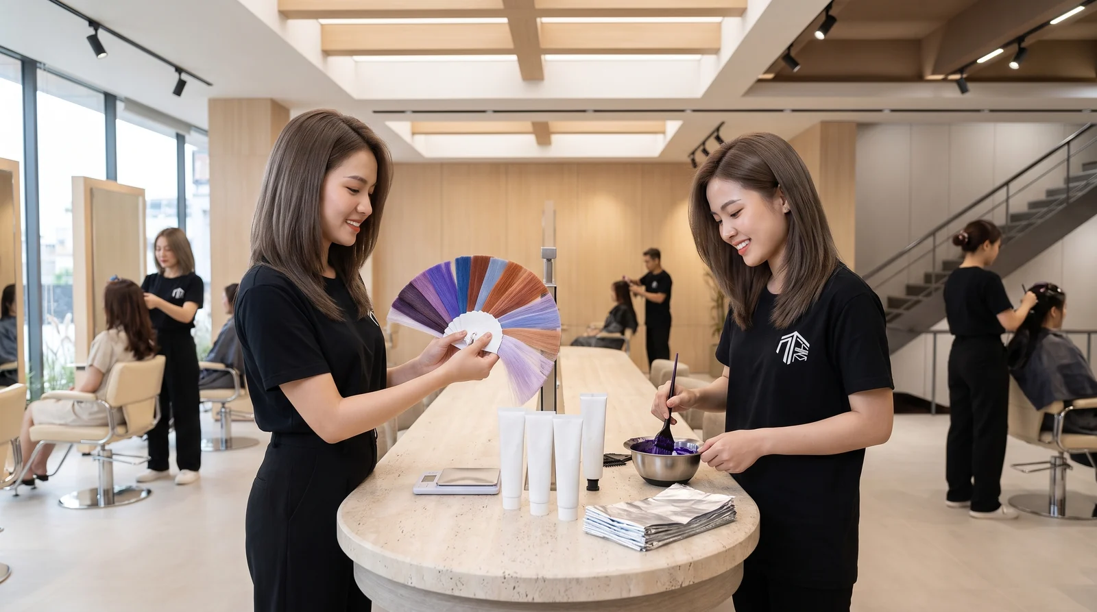 Two colourists comparing swatch rings and mixing a custom colour formula at Nhat Tam Hair Salon Hanoi