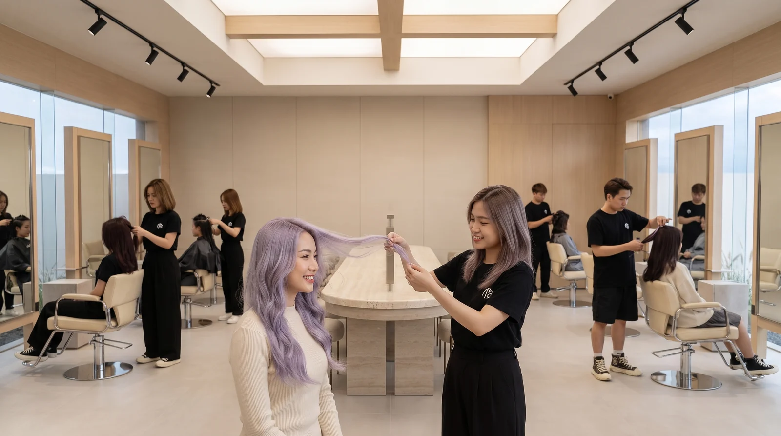 Stylist showing an even pastel lilac tone on long hair at Nhat Tam Hair Salon Hanoi