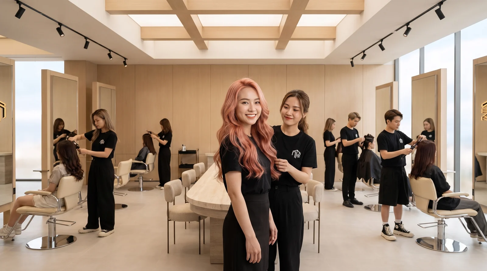 Client with a finished rose gold hair colour on the salon floor at Nhat Tam Hair Salon Hanoi