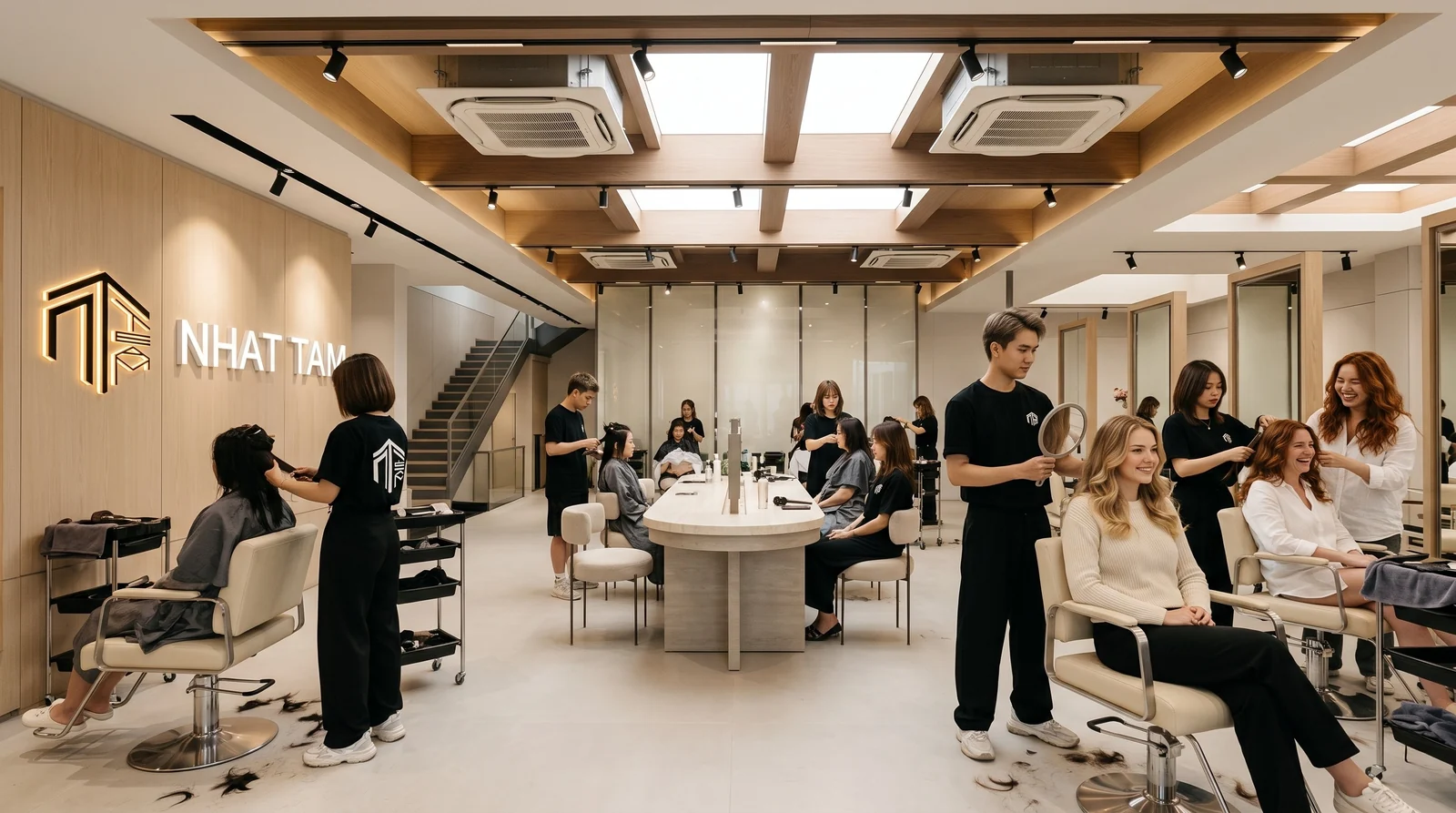 Wide view of the styling floor at Nhat Tam Hair Salon in Hanoi with the staircase, the salon sign and every chair in use