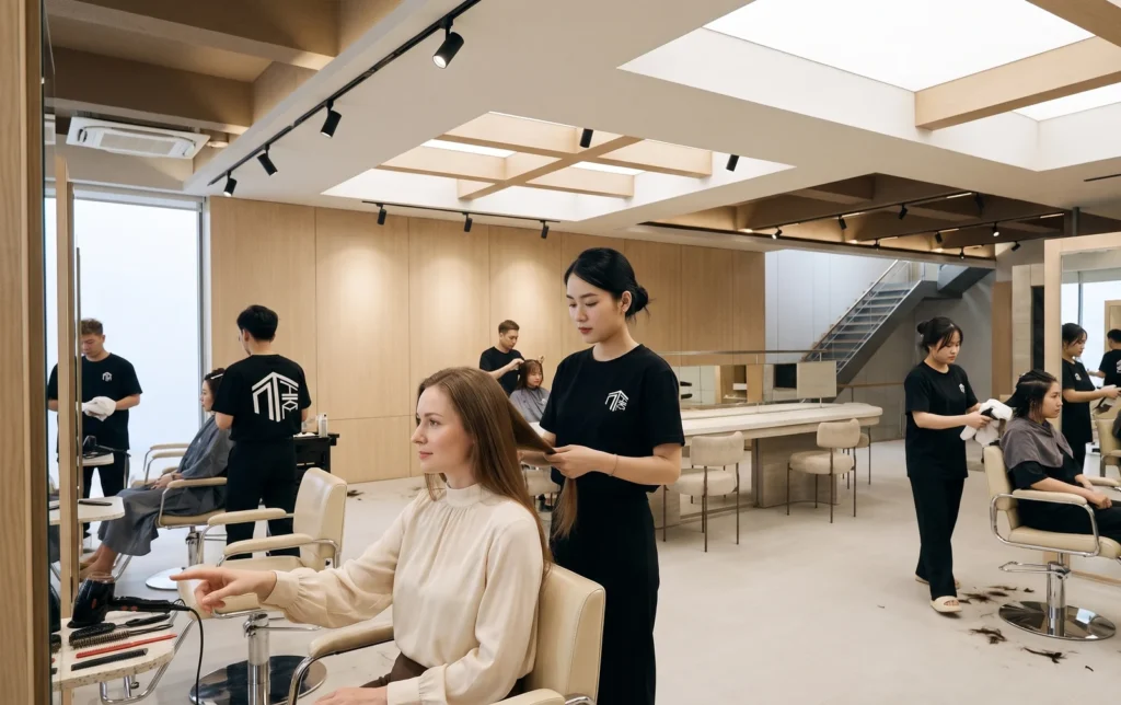 Stylist holding a section of a client long brown hair to show where the length will stop at Nhat Tam Hair Salon in Hanoi