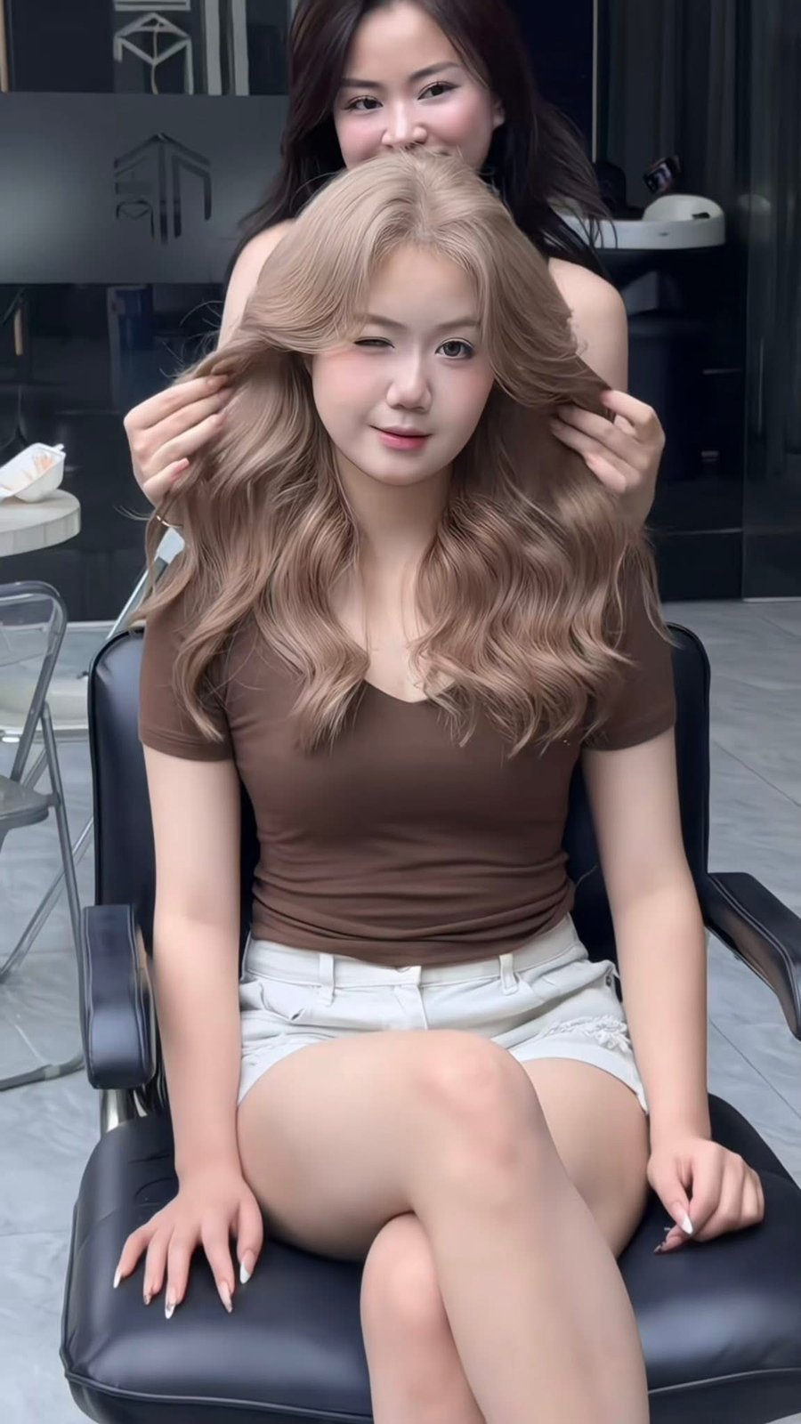 Stylist styling a beige blonde result from behind at Nhat Tam Hair Salon in Hanoi