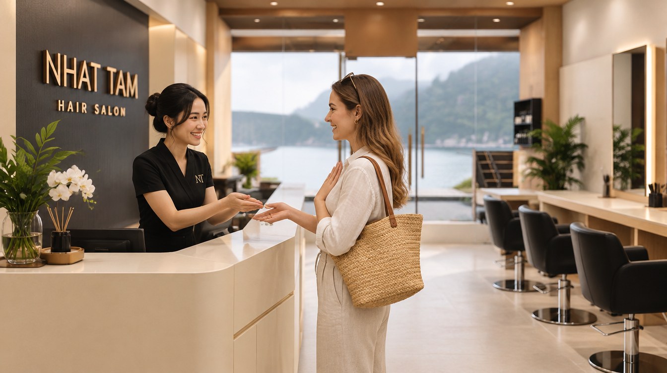 An international visitor thanking a Nhat Tam salon team member after a service