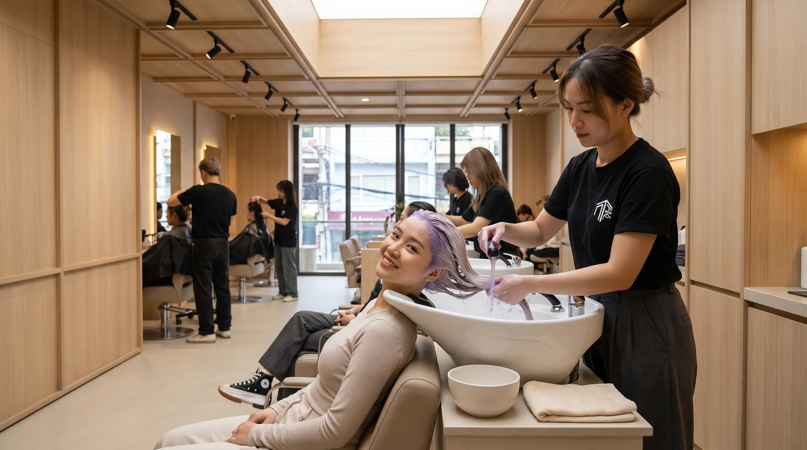 Violet toner being rinsed from pale blonde hair at the wash area of Nhat Tam Hair Salon Hanoi