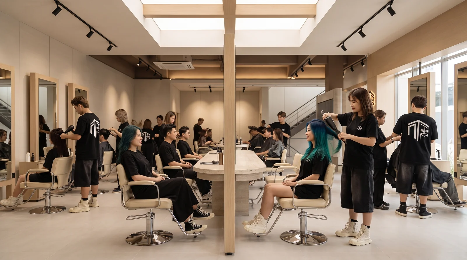 Client with a finished vivid teal blue hair colour in the styling chair at Nhat Tam Hair Salon Hanoi