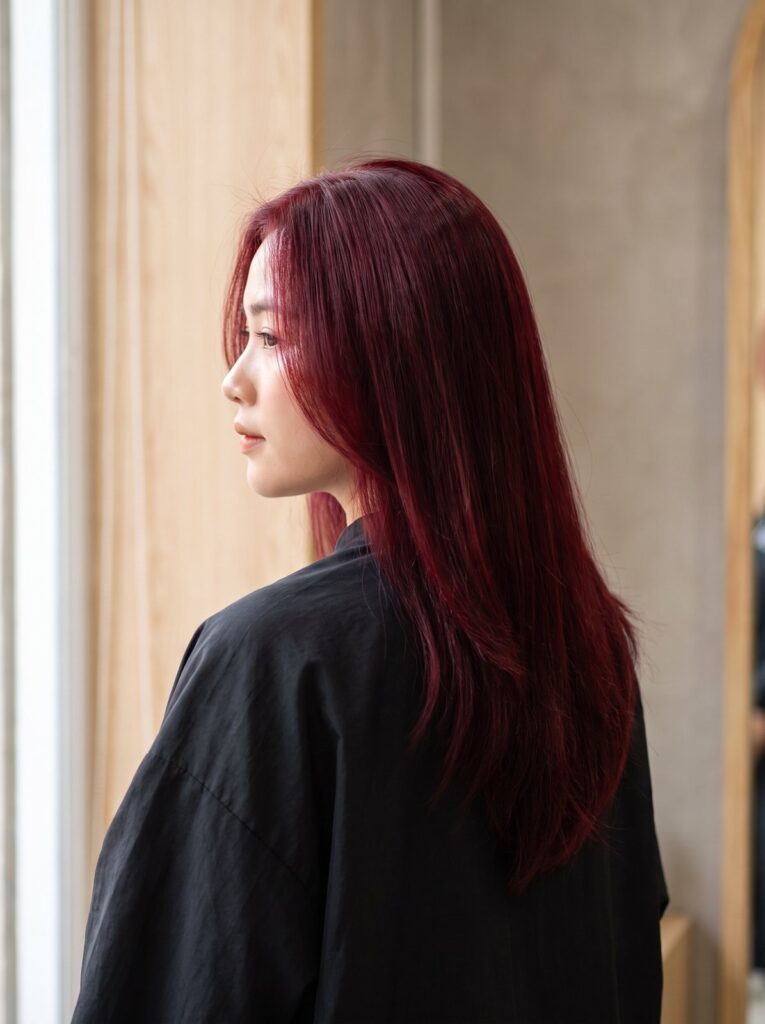 Cherry red on long straight hair