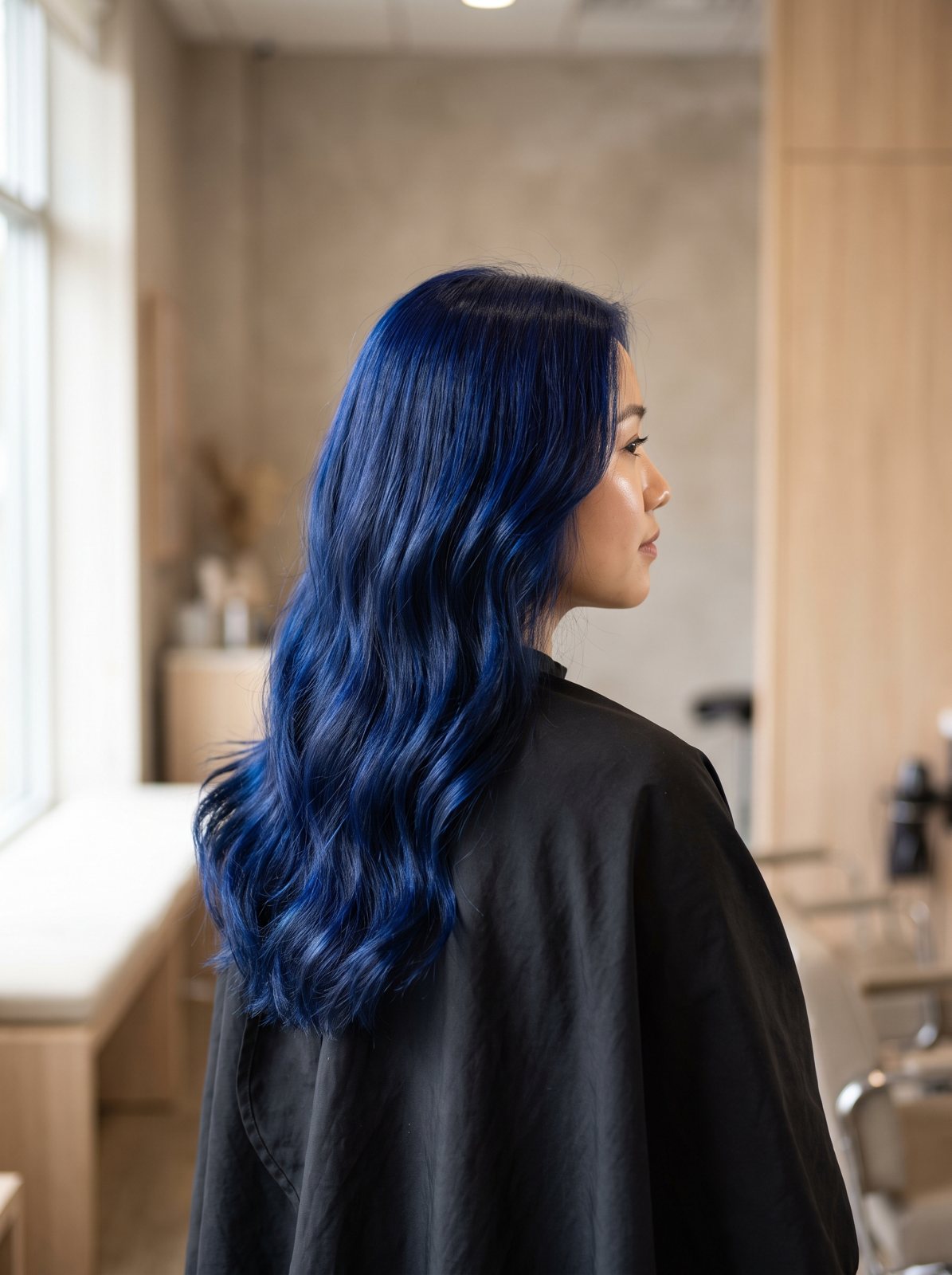 Sapphire blue on long wavy hair
