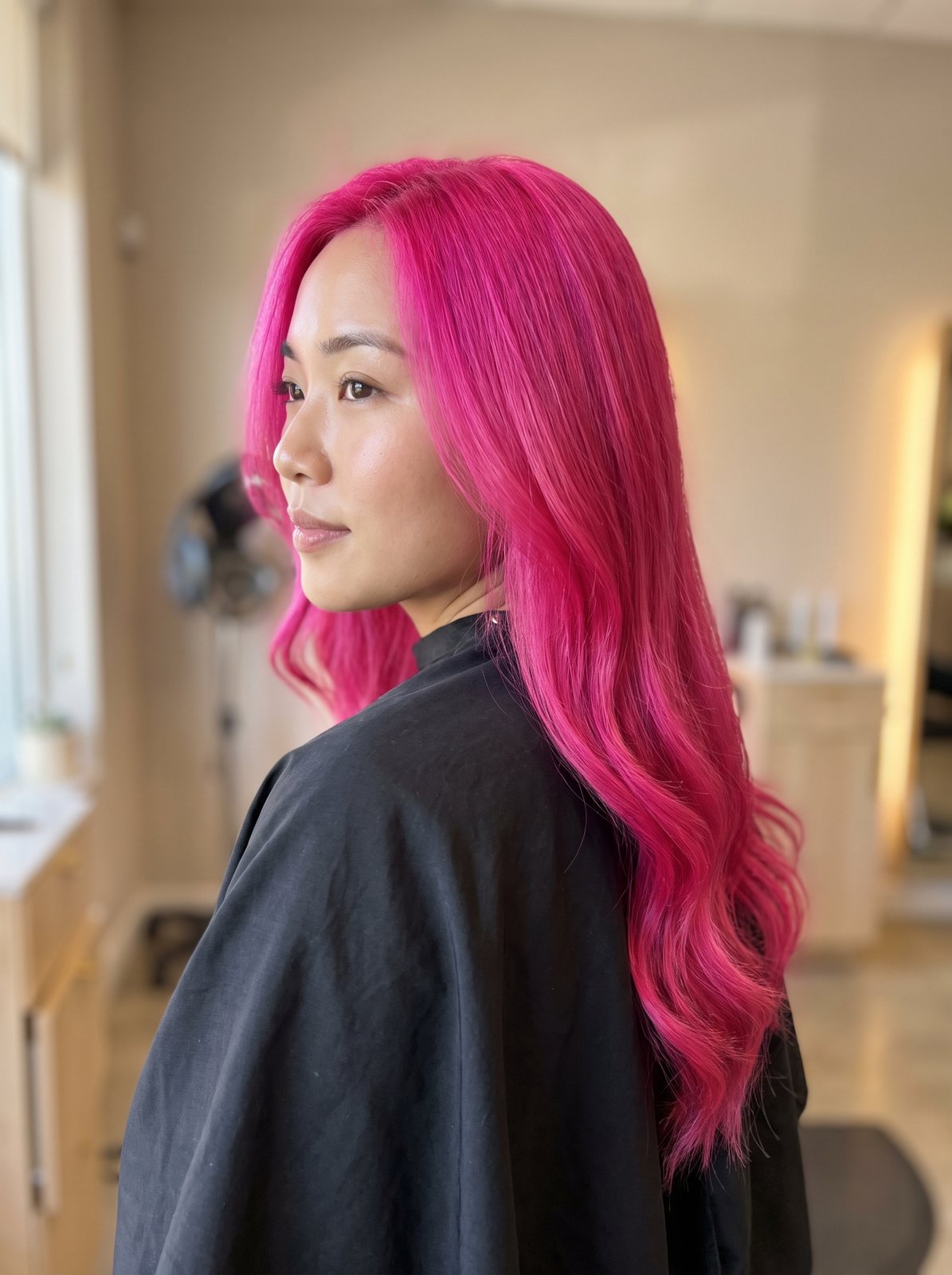 Fuchsia pink on long wavy hair