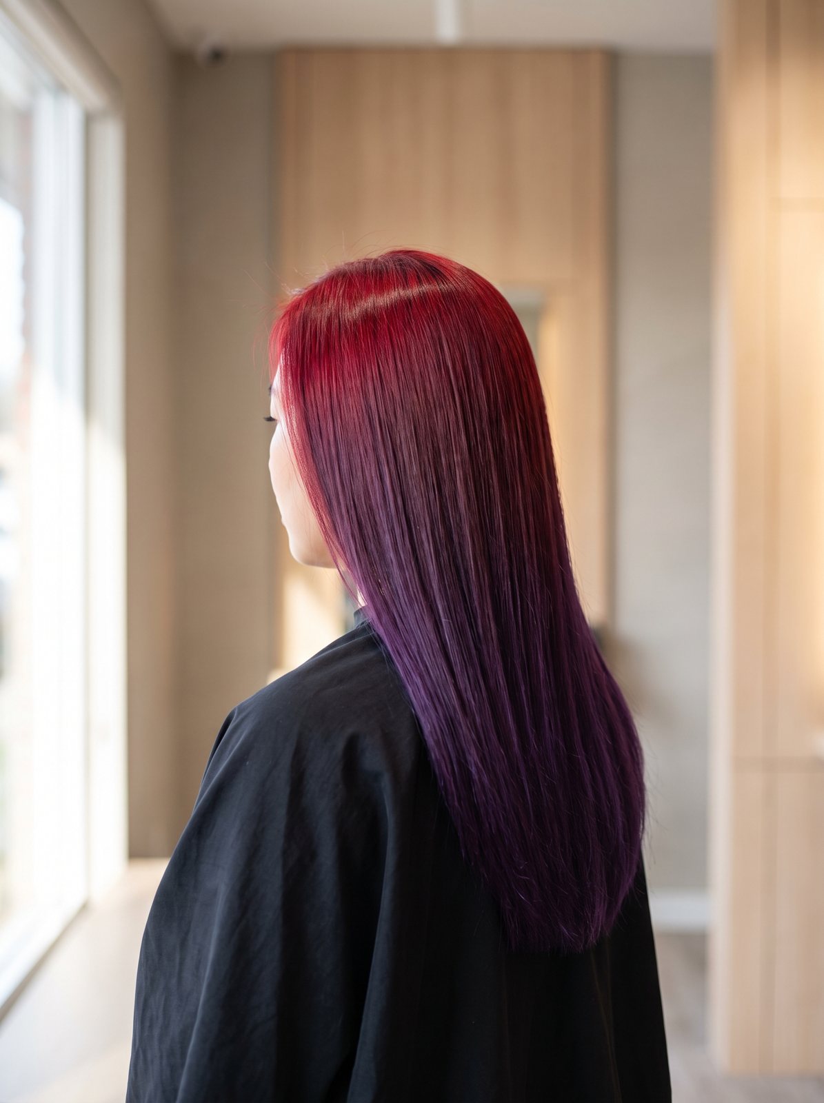 A red-to-violet blend on long straight hair